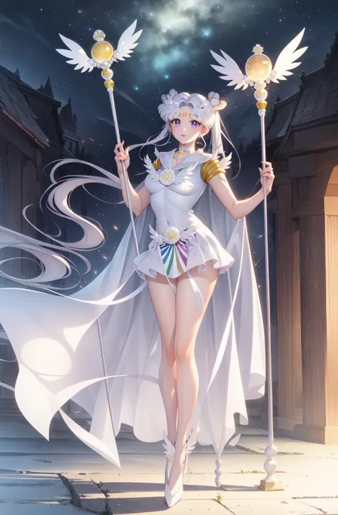 photorealistic, (hyperrealistic:1.2), (extremely detailed CG unity 8k wallpaper), (ultra-detailed), masterpiece, best quality, 1girl, sailor cosmos, standing, fullbody,  solo, long hair, skirt, hair ornament, twintails, jewelry, purple eyes, white hair, pleated skirt, earrings, choker, sailor collar, hair bun, cape, character name, double bun, facial mark, white skirt, brooch, white sailor collar, hairpin, forehead mark, white choker, sailor senshi uniform, holding staff
