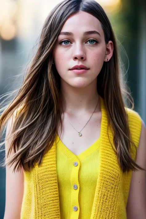 photo of beautiful (Koh_VictoriaPerdetti:0.99), a woman with perfect hair, wearing (yellow cardigan vest:1.1), ((Back-to-School:1.1)), (plain yellow background:1.1), (happy:1.2), modelshoot style, (extremely detailed CG unity 8k wallpaper), professional majestic (photography by richard avedon:1.1), (Canon EOS RP Mirrorless Camera), 24mm, exposure blend, hdr, faded, extremely intricate, High (Detail:1.1), Sharp focus, dramatic, soft cinematic light, (upper body), (looking at viewer), (detailed pupils), 24mm, 4k textures, soft cinematic light, adobe lightroom, photolab, elegant, ((((cinematic look)))), soothing tones, insane details, hyperdetailed, low contrast