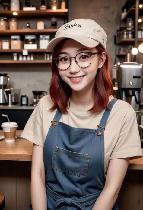 (medium full shot) of (cheerful barista) young woman, petite build, medium red side-swept hair, korean, fair skin, hazel eyes, wearing a stylish hat, beige casual t-shirt, jeans, denim apron, comfortable flats, minimal eyeliner, a name tag a pair of designer glasses, set in  a cozy espresso bar, featuring comfortable stools, inviting decor, warm lighting, and a friendly atmosphere, woman smiling, ,Masterpiece,best quality, raw photo, realistic, very aesthetic, dark