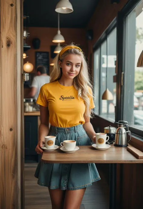 (medium full shot) of (friendly barista) young woman, petite build, long blonde retro hair, black american, dark skin, hazel eyes, wearing a headband, yellow casual t-shirt, skirt, half apron, sneakers, subtle eyeshadow, a pair of trendy sunglasses carrying a tray of coffee cups, set in  Cafe Entrance, Inviting space with rustic wooden doors, hanging pendant lights, a chalkboard menu displaying specials, cozy benches along the walls, a vintage bicycle mounted as decor, during afternoon, ,Masterpiece,best quality, photo, realistic, very aesthetic