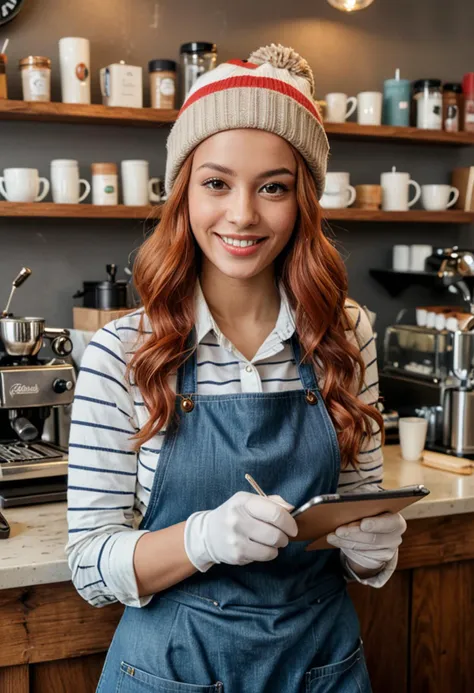 (medium full shot) of (skilled barista) young woman, tiny build, extra long red retro hair, spanish, tan skin, light brown eyes, wearing a beanie, brown crisp white shirt, jeans, striped apron, comfortable flats, glossy lip balm, a pair of stylish gloves carrying a clipboard, set in  a bustling espresso bar, with lively energy, varied seating options, stylish decor, and a dynamic atmosphere, at morning, woman smiling, ,Masterpiece,best quality, photo, realistic, very aesthetic, detailed face,