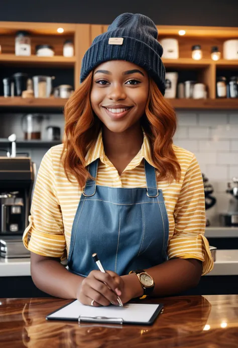 (medium full shot) of (attentive barista) young woman, curvy build, long ginger shag cut hair, south african, dark skin, black eyes, wearing a beanie, yellow denim shirt, denim pants, striped apron, leather shoes, glossy lip balm, carrying a clipboard a wristwatch, set in  a sophisticated counter, with elegant decor, chic seating, soft lighting, and a refined atmosphere, at morning, woman smiling, detailed face, ,Masterpiece,best quality, photo, realistic, very aesthetic