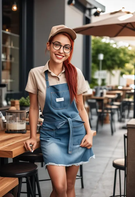 (medium full shot) of (trendy barista) young woman, slender build, long red ponytail hair, american, tan skin, hazel eyes, wearing a stylish hat, beige modern barista shirt, knee-length skirt, denim apron, slip-on shoes, glossy lip balm, a name tag a pair of designer glasses, set in  a relaxed patio, with casual seating, comfortable decor, soft lighting, and a laid-back atmosphere , during afternoon, woman smiling, detailed face, ,Masterpiece,best quality, photo, realistic, very aesthetic