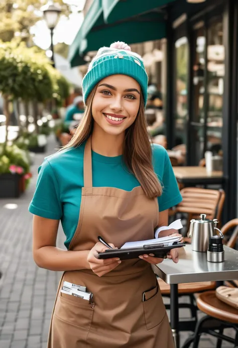 (medium full shot) of (trendy barista) young woman, lithe build, medium hazel straight down hair, brazilian, tan skin, turquoise eyes, wearing a beanie, brown classic barista shirt, maxi skirt, checked apron, sneakers, glossy lip balm, carrying a clipboard a name tag, set in  an outdoor cafe, with garden seating, fresh flowers, sunny ambiance, comfortable chairs, woman smiling, detailed face, ,Masterpiece,best quality, photo, realistic, very aesthetic