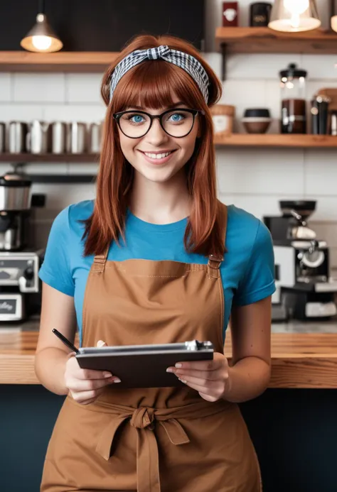 (medium full shot) of (trendy barista) young woman, willowy build, medium red straight bangs hair, brazilian, tan skin, blue eyes, wearing a headband, brown casual t-shirt, cotton pants, checked apron, leather shoes, minimal eyeliner, carrying a clipboard a pair of designer glasses, set in  a trendy espresso bar, with sleek counters, stylish seating, modern lighting, and a hip vibe, woman smiling, detailed face, ,Masterpiece,best quality, photo, realistic, very aesthetic