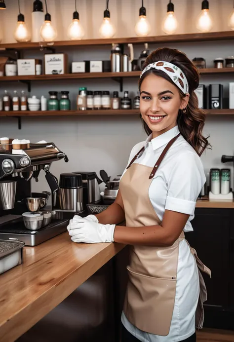 (medium full shot) of (stylish barista) young woman, Medium build, medium dark side-swept hair, mexican, mahogany skin, jade green eyes, wearing a headband, white classic barista shirt, cotton pants, leather apron, sneakers, glossy lip balm, a pair of stylish gloves a name tag, set in  a trendy espresso bar, with sleek counters, stylish seating, modern lighting, and a hip vibe, woman smiling, detailed face, ,Masterpiece,best quality, photo, realistic, very aesthetic