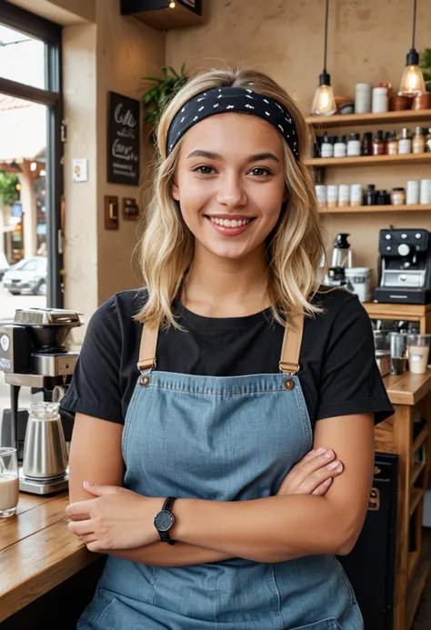 (medium full shot) of (cheerful barista) young woman, lithe build, long blonde inverted bob cut hair, south african, dark skin, light brown eyes, wearing a headband, black plain button-down shirt, chinos, denim apron, slip-on shoes, glossy lip balm, a wristwatch a name tag, set in  a quaint coffee shop, with cozy seating, warm ambiance, inviting decor, and charming furniture, during afternoon, woman smiling, ,Masterpiece,best quality, photo, realistic, very aesthetic, detailed face,