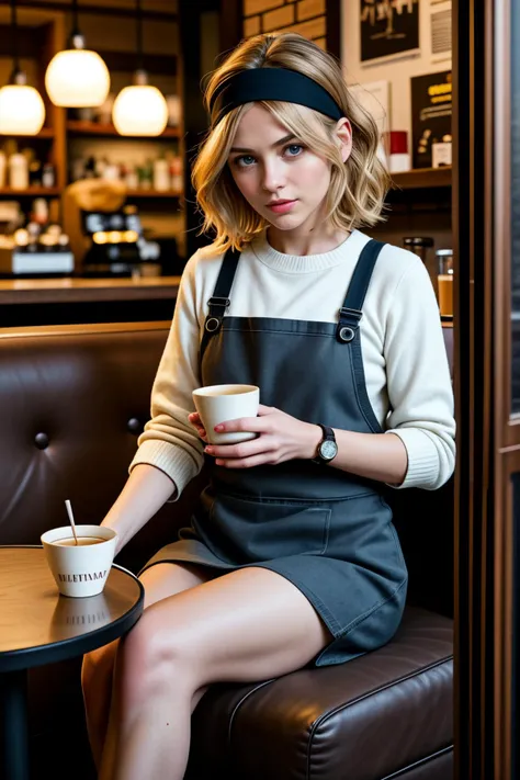 <lora:LCM_LoRA_Weights_SD15:1>,<lora:detail_slider_v4:1.2>,(attentive barista) 50yo old middle-aged Woman, petite build, long blonde shag cut hair, african, dark skin, light brown eyes, wearing a headband, black sweater, mini skirt, canvas apron, slip-on shoes, subtle eyeshadow, a name tag,a wristwatch, set in a cozy nook, with plush seating, warm lighting, intimate atmosphere, charming decor,Cinematic photography, movie mood, cinematic light, compelling composition, storytelling elements, conveys emotion, mood, and narrative depth, creating visually striking images that feel like still frames from a film,