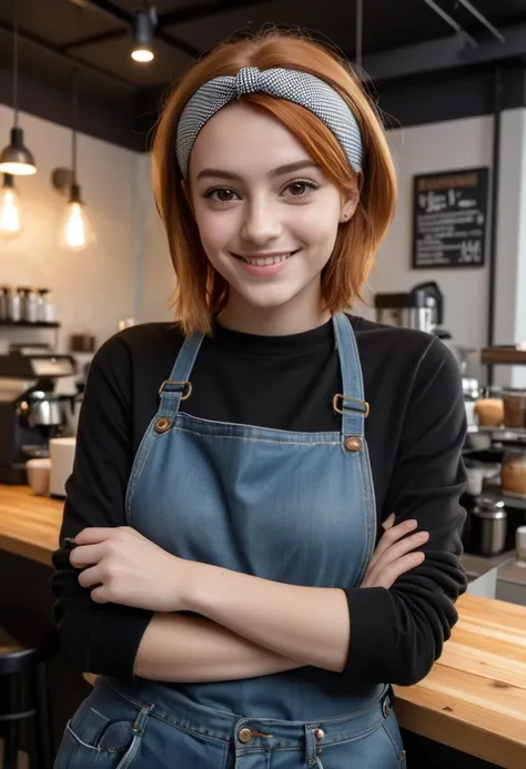 (medium full shot) of (skilled barista) young woman, normal build, medium ginger bob cut hair, italian, tan skin, hazel eyes, wearing a headband, black sweater, jeans, denim apron, comfortable flats, minimal eyeliner, a name tag carrying a order pad, set in  a stylish coffee shop, with designer furniture, artistic decor, sophisticated lighting, and a fashionable ambiance, during afternoon, woman smiling, ,Masterpiece,best quality, raw photo, realistic, very aesthetic, dark