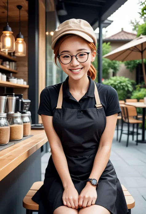 (medium full shot) of (cheerful barista) young woman, petite build, medium ginger low bun hair, korean, tan skin, brown eyes, wearing a stylish hat, black polo shirt, skirt, full-length apron, slip-on shoes, minimal eyeliner, a wristwatch a pair of designer glasses, set in  an artistic patio, with creative seating, colorful decor, vibrant lighting, and an eclectic ambiance , woman smiling, ,Masterpiece,best quality, raw photo, realistic, very aesthetic