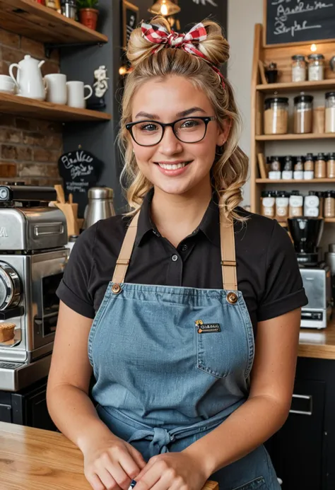 (medium full shot) of (cheerful barista) young woman, curvy build, extra long blonde updo hair, canadian, tan skin, light brown eyes, wearing a headband, black polo shirt, jeans, checked apron, slip-on shoes, minimal eyeliner, a pair of designer glasses a name tag, set in  an artistic espresso bar, with creative decor, unique seating, colorful lighting, and an eclectic ambiance, at morning, woman smiling, ,Masterpiece,best quality, photo, realistic, very aesthetic, detailed face,