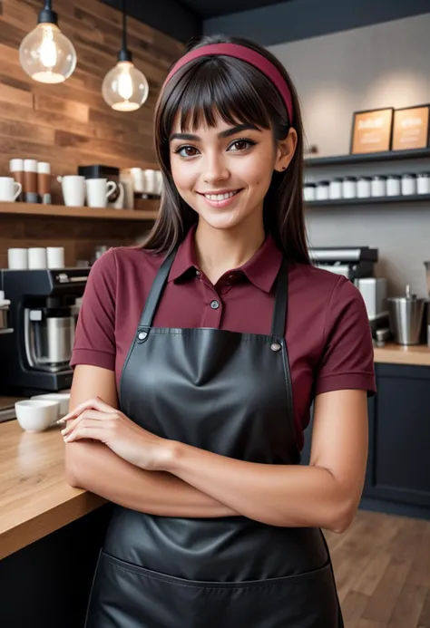 (medium full shot) of (stylish barista) young woman, slim build, extra long dark side-swept bangs hair, canadian, tan skin, brown eyes, wearing a headband, burgundy polo shirt, tailored trousers, leather apron, clogs, minimal eyeliner, carrying a order pad a name tag, set in  a trendy cafe, featuring contemporary decor, sleek furniture, artistic touches, a lively vibe, at morning, woman smiling, ,Masterpiece,best quality, raw photo, realistic, very aesthetic