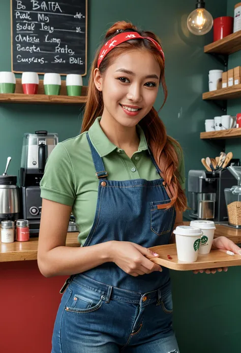 (medium full shot) of (trendy barista) young woman, normal build, long red ponytail hair, chinese, tan skin, hazel eyes, wearing a headband, green polo shirt, jeans, denim apron, ankle boots, glossy lip balm, carrying a tray of coffee cups a name tag, set in  an artistic counter, offering creative decor, unique seating, colorful lighting, and an eclectic ambiance, during afternoon, woman smiling, ,Masterpiece,best quality, photo, realistic, very aesthetic, detailed face,