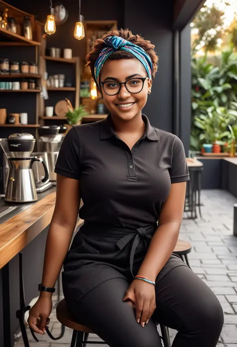 (medium full shot) of (trendy barista) young woman, curvy build, short hazel hime cut hair, african, dark skin, brown eyes, wearing a headband, black polo shirt, cotton pants, half apron, ankle boots, minimal eyeliner, a pair of designer glasses a wristwatch, set in  an artistic patio, with creative seating, colorful decor, vibrant lighting, and an eclectic ambiance , at morning, woman smiling, ,Masterpiece,best quality, raw photo, realistic, very aesthetic, dark