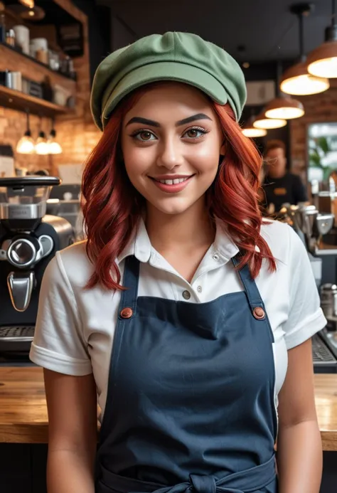 (medium full shot) of (skilled barista) young woman, voluptuous build, medium red retro hair, mexican, tan skin, olive green eyes, wearing a beanie, blue polo shirt, jeans, canvas apron, comfortable flats, glossy lip balm, a name tag a pair of trendy sunglasses, set in  a bustling espresso bar, with lively energy, varied seating options, stylish decor, and a dynamic atmosphere, at morning, woman smiling, ,Masterpiece,best quality, raw photo, realistic, very aesthetic, dark