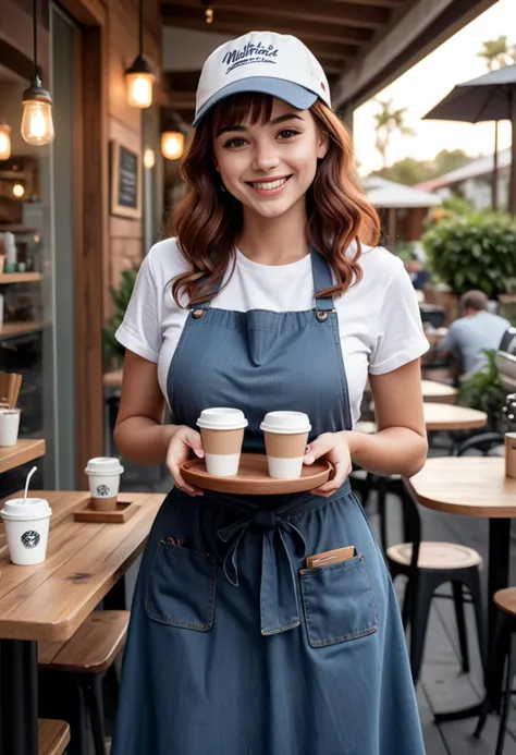 (medium full shot) of (cheerful barista) young woman, busty build, medium red curtain bangs hair, australian, light skin, brown eyes, wearing a stylish hat, blue casual t-shirt, maxi skirt, denim apron, sneakers, glossy lip balm, carrying a tray of coffee cups a name tag, set in  a cozy patio, with comfortable seating, warm lighting, rustic furniture, and a relaxed vibe , woman smiling, ,Masterpiece,best quality, raw photo, realistic, very aesthetic