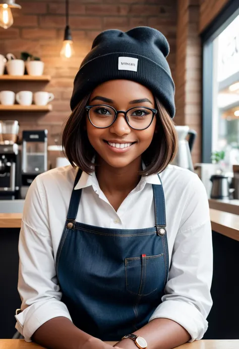 (medium full shot) of (professional barista) young woman, willowy build, medium dark inverted bob cut hair, african, dark skin, black eyes, wearing a beanie, white crisp white shirt, denim pants, half apron, ankle boots, minimal eyeliner, a name tag a pair of designer glasses, set in  a relaxed coffee shop, offering casual seating, comfortable decor, soft lighting, and a laid-back atmosphere, during afternoon, woman smiling, ,Masterpiece,best quality, raw photo, realistic, very aesthetic