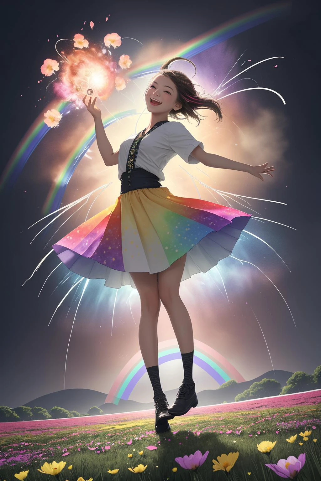 1girl in a field of vibrant flowers, A rainbow exploding with joy, <lora:a_rainbow_exploding_with_joy:3>