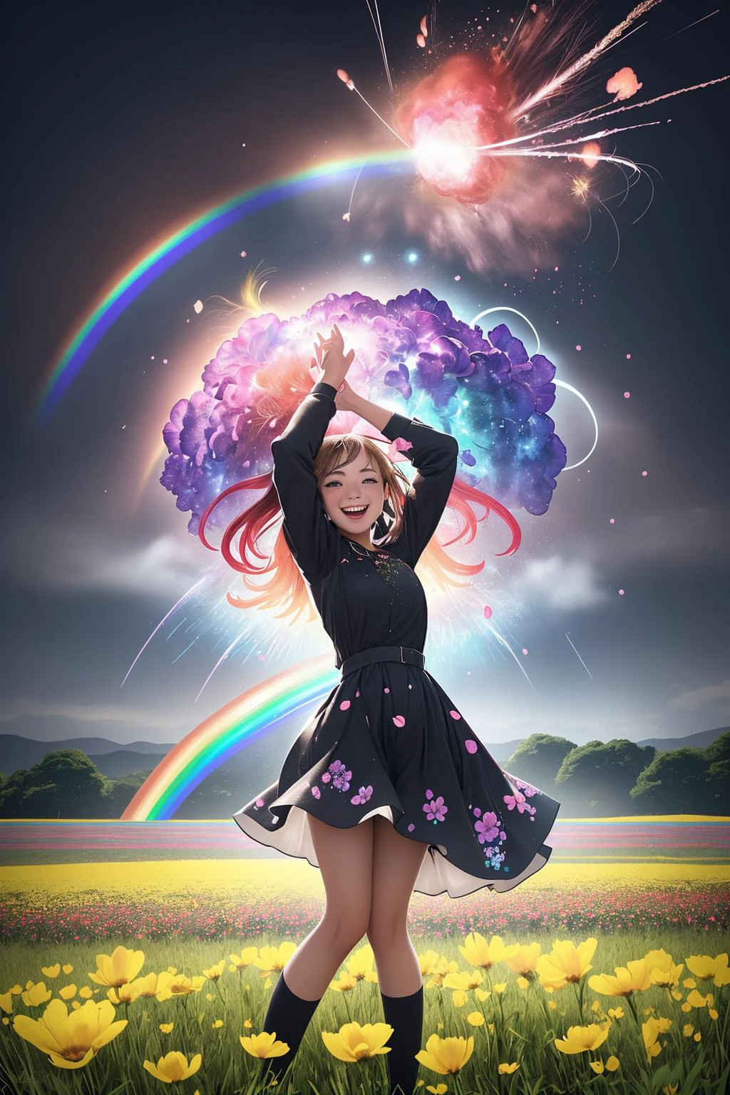 1girl in a field of vibrant flowers, A rainbow exploding with joy, <lora:a_rainbow_exploding_with_joy:3>