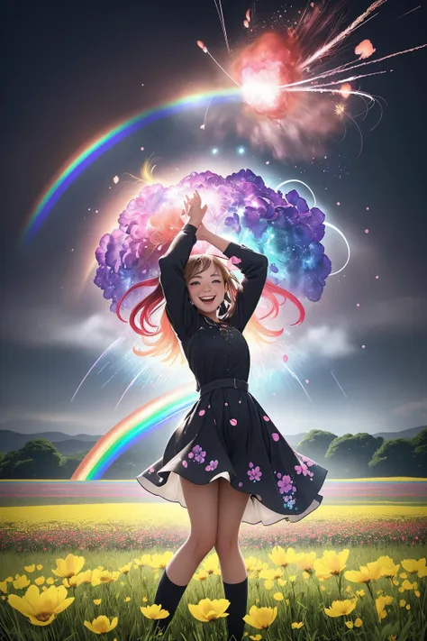 1girl in a field of vibrant flowers, A rainbow exploding with joy,  <lora:a_rainbow_exploding_with_joy:3>