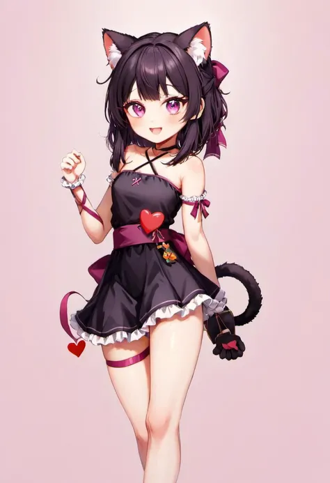 <lora:a_rainbow_exploding_with_joy:6>, <lora:ral-exposure-sdxl:1> ral-exposure , masterpiece, best quality, rating: general, newest, <lora:Fallenshadow_SDXL:0.8>, Fallenshadow, criss-cross halter, halterneck, heart-shaped pupils, cat ears, symbol-shaped pupils, heart, solo, stuffed toy, teddy bear, leg ribbon, waist bow, cat tail, blush, black dress, paw pose, single wrist cuff, tail ribbon, looking at viewer, simple background, arm ribbon, single thighhigh, white background, wrist cuffs, holding, bare shoulders, frills, animal ear fluff, tail bow, short dress, pink background, petite