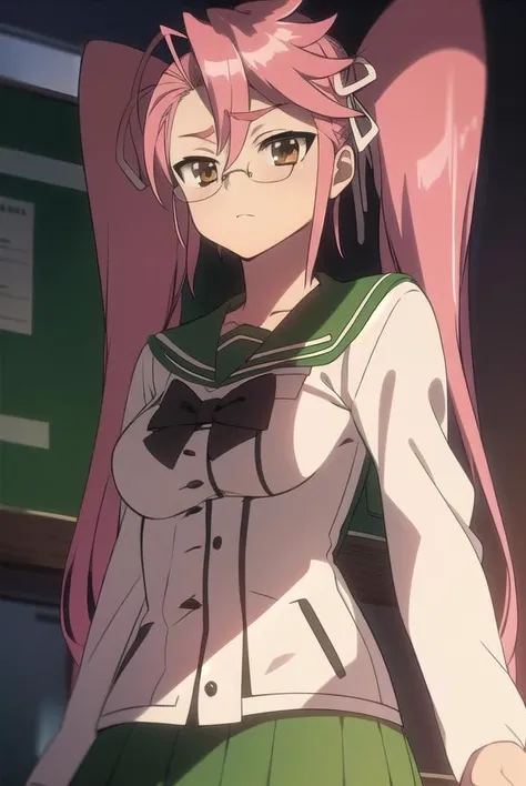 sayatakagi, <lyco:sayatakagi-LYCORIStest:1>,
saya takagi, long hair, ribbon, twintails, (brown eyes:1.5), hair ribbon, pink hair, glasses,
BREAK skirt, thighhighs, school uniform, serafuku, zettai ryouiki, green skirt, bowtie, long sleeves, black thighhighs, black bowtie,
BREAK looking at viewer,
BREAK indoors, classroom,
BREAK <lora:GoodHands-vanilla:1>, (masterpiece:1.2), best quality, high resolution, unity 8k wallpaper, (illustration:0.8), (beautiful detailed eyes:1.6), extremely detailed face, perfect lighting, extremely detailed CG, (perfect hands, perfect anatomy),