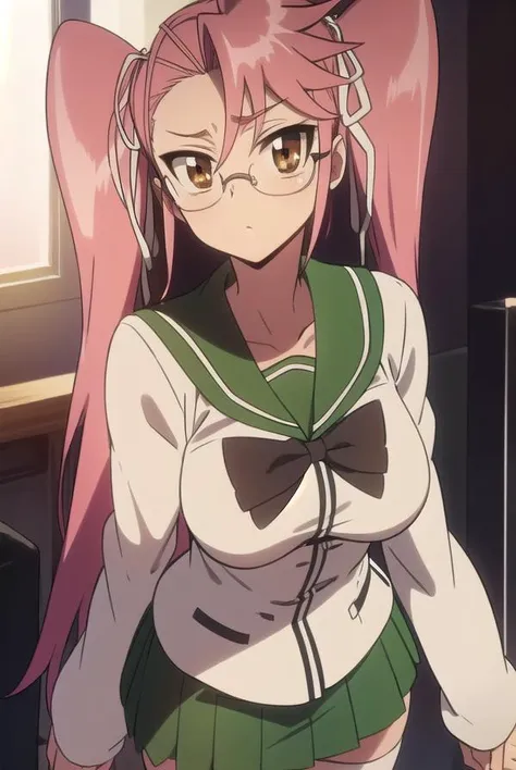 sayatakagi, <lyco:sayatakagi-LYCORIStest:1>,
saya takagi, long hair, ribbon, twintails, (brown eyes:1.5), hair ribbon, pink hair, glasses,
BREAK skirt, thighhighs, school uniform, serafuku, zettai ryouiki, green skirt, bowtie, long sleeves, black thighhighs, black bowtie,
BREAK looking at viewer,
BREAK indoors, classroom,
BREAK <lora:GoodHands-vanilla:1>, (masterpiece:1.2), best quality, high resolution, unity 8k wallpaper, (illustration:0.8), (beautiful detailed eyes:1.6), extremely detailed face, perfect lighting, extremely detailed CG, (perfect hands, perfect anatomy),