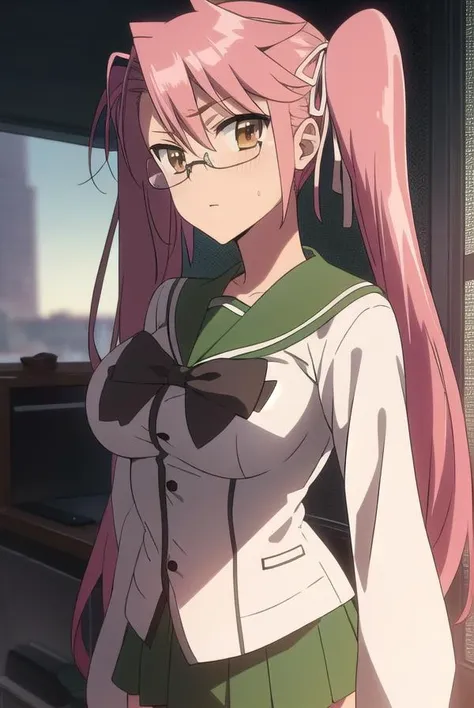 sayatakagi, <lyco:sayatakagi-LYCORIStest:1>,
saya takagi, long hair, ribbon, twintails, (brown eyes:1.5), hair ribbon, pink hair, glasses,
BREAK skirt, thighhighs, school uniform, serafuku, zettai ryouiki, green skirt, bowtie, long sleeves, black thighhighs, black bowtie,
BREAK looking at viewer,
BREAK indoors, classroom,
BREAK <lora:GoodHands-vanilla:1>, (masterpiece:1.2), best quality, high resolution, unity 8k wallpaper, (illustration:0.8), (beautiful detailed eyes:1.6), extremely detailed face, perfect lighting, extremely detailed CG, (perfect hands, perfect anatomy),