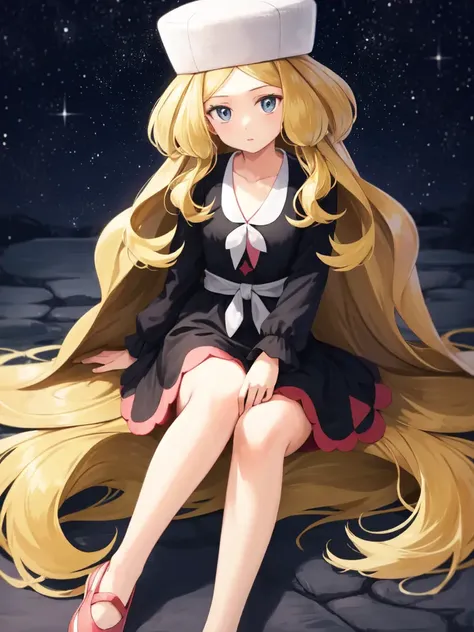 <lora:Caitlin_PK-10:0.9>, caitlin_pk, 1girl, long hair, hat, dress, sitting, very long hair, shoes, star (symbol), pokemon (creature), flats