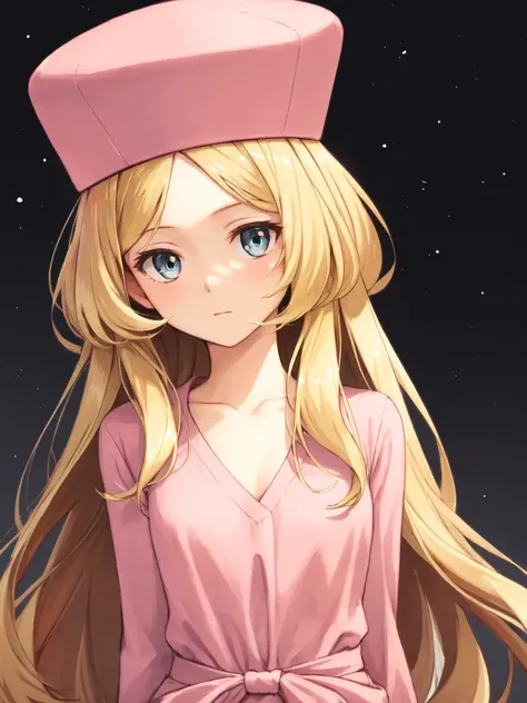 <lora:Caitlin_PK-10:0.7>, caitlin_pk, 1girl, solo, long hair, breasts, bangs, long sleeves, hat, dress, very long hair, closed mouth, collarbone, upper body, small breasts, sketch, parted bangs, looking to the side, looking away, arms behind back, cropped torso, pink headwear