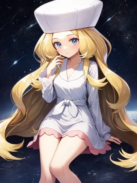 <lora:Caitlin_PK-10:0.9>, caitlin_pk, 1girl, long hair, hat, dress, sitting, very long hair, shoes, star (symbol), pokemon (creature), flats