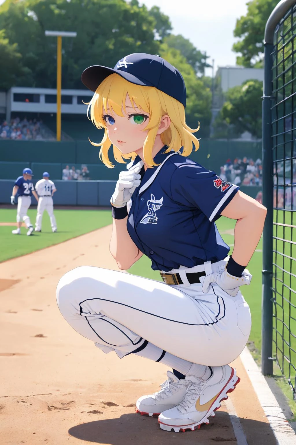 (masterpiece, best quality:1.2), <lora:ryona:.9> ,ryona (senran kagura), gloves, 1girl, helmet, black pants, white shirt, pants, shirt, white gloves, blue eyes, green eyes, heterochromia, blurry, solo focus, blurry background, squatting, socks, outdoors, black headwear, blonde hair, shoes, short sleeves, baseball uniform, belt, sportswear, white footwear, blue socks, virtual youtuber, baseball, closed mouth, depth of field, day, sneakers, kneehighs, collared shirt, from side, bangs, long sleeves, blue shirt, hand on hip, black belt, blurry foreground, hat,