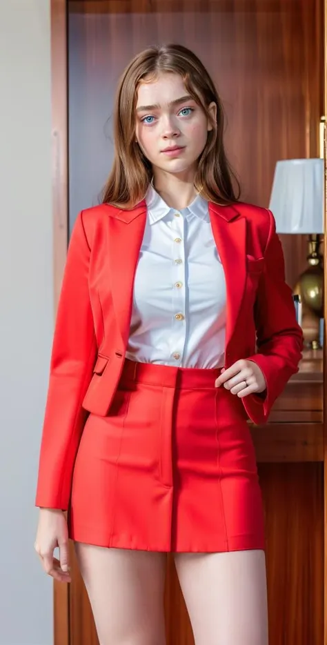 (8k, RAW photo, best quality, masterpiece:1.2), (realistic, photo-realistic:1.37), ultra-detailed,(detailed beautiful girl:1.4),1 girl,full body,((looking at viewer))<lora:Sexy office lady:0.95>,Sexy office lady,(red suit,formal shirt,jacket,micro mini skirt),((slender,((big face,small build)))),21yo,<lora:Sadie_sink-v1:0.6>s4d13