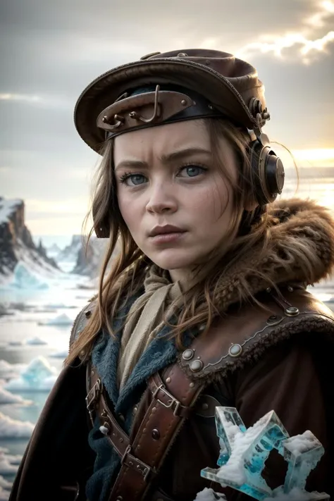 <lora:sadie:1>1girl,  (s4d13:1.2), portrait, solo, (full body:0.6), detailed background, detailed face, (<lyco:SteamPunkBundleV3:0.4>, steampunkai, steampunk theme:1.1), light blue winter warrior,  stoic expression,  dynamic pose, furs, cape, surrounded by magical glow, floating ice shards, ice crystals, cold, icy background, rock formations in background low light, dark night, cinematic atmosphere, ,, <lora:add_detail:1>,  <lora:GoodHands-vanilla:1>