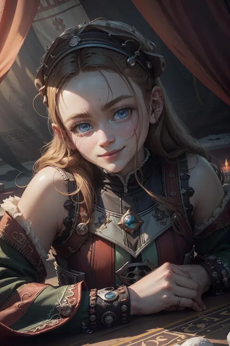 <lora:sadie:1> s4d13, portrait, looking at viewer, solo, upper body, detailed background, close up, (<lora:FrostRaceTech:0.5>, cryogenic, frostracetech theme:1.1), fortune teller, charlatan, sinister smile, sitting at table, colorful loose gypsy fortune teller clothes, striped clothes, horoscope, tarot cards, (melted candles on table:0.8), medieval (tent interior:1.1) background, tent curtains in background, dark mysterious lighting, shadows, magical atmosphere, ,