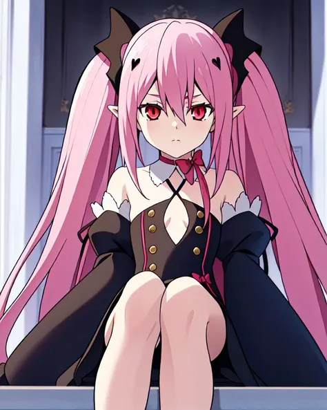 (portrait:1.1),Krul Tepes,1girl,sitting,solo, pointy_ears,pink_hair, long_hair, red_bow, detached_sleeves, bow,barefoot,closed mouth,looking at viewer, black_pupil,