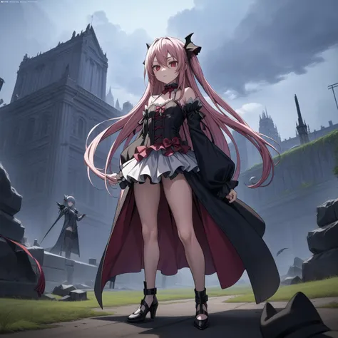 <lora:Krul Tepes:0.4>,<lora:add_detail:0.5>,small breasts,
((best quality)),((masterpiece)),(detailed),Krul Tepes,(Manga style:1.2),fierce expression,dark aura,(queen of vampires:1.1),standing in a ruined castle,thunderstorm brewing,(epic battle scene:1.1),artwork in the style of Takeshi Obata,8k resolution,