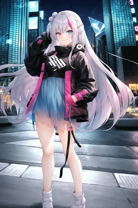 solo, 1girl, kuro, pink streaked hair, one side up, black jacket with long sleeves, black shirt with clothes writing, blue see-through skirt, black kneehigh socks with argyle, white sneakers, standing, smile, smug, city, (cyberpunk), (science fiction), lights, night, outdoors, full body