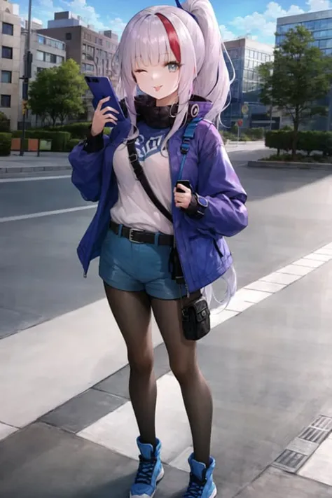 solo, 1girl, kuro, streaked hair, blunt bangs, hair between eyes, ponytail, casual, choker, blue open jacket with long sleeves, (white turtleneck sweater), ((fanny pack)), blue shorts with belt, brown pantyhose, blue shoes with laces, standing, leg up, one eye closed, tongue out, tongue, ;p, looking at viewer, holding phone, (flip phone), cellphone, full body, city, sidewalk, outdoors, day, sunlight