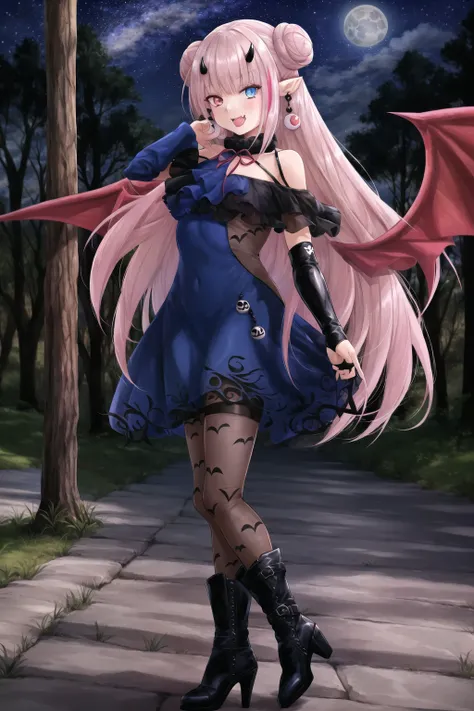 solo, 1girl, kuro, pink streaked hair, spirit trap, official alternate costume, very long hair, hair bun, double bun, pointy ears, black horns, fangs, demon tail, jewelry, eye earrings, halloween costume, brown bodysuit, bare shoulders, elbow gloves, black dress, multicolored clothes, wings, brown pantyhose, bat print, black high heel boots, standing, tongue out, tongue, looking at viewer, forest, night, full moon, outdoors, full body