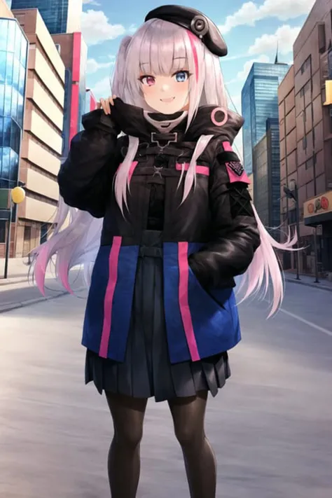 solo, 1girl, kuro, pink streaked hair, one side up, mdr, beret, tactical clothes, black jacket, black pleated skirt, brown pantyhose, black gloves, black and grey sneakers, standing, smile, city, outdoors, day, full body