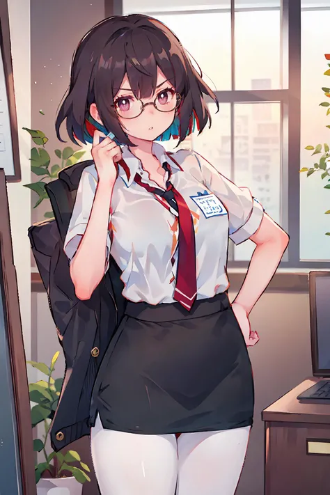1girl, xueyi \(honkai: star rail\), solo, office lady, white collared shirt, pencil skirt, pantyhose, glasses, glaring, looking at viewer, hand on hip, office, indoors, depth of field, masterpiece