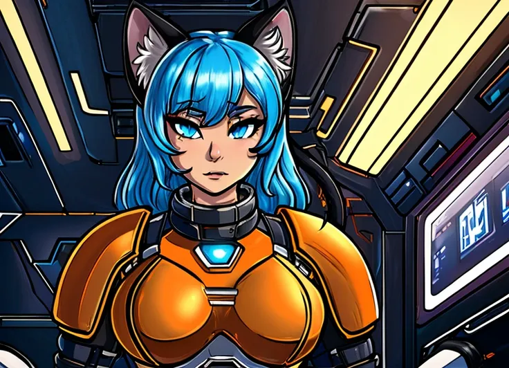 <lora:Adj-24:0.8>, orange skin, (((cat ears))), two tails, masterpiece, high quality, cat girl with long messy blue hair wearing sleek cutting edge ((armor)), science fiction, style of Adjatha, looking at viewer, portrait, , <lora:add_detail:.4>, futuristic background, spacecraft, (furry : 0.7), dashboard, leds, monitors, close_up, from below, ultra detailed background, absurd amount of details, intrigued expression,   <lora:sci-fi-v1.2-000006:0.6>  , <lora:FZB_line_weights:0.8>