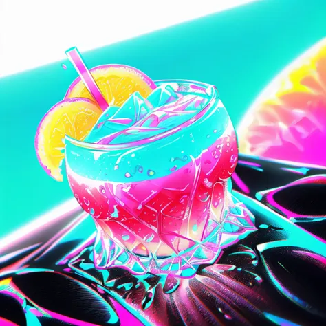 a tasty and colorful drink bursting with vaporwave flavors <lora:cocktailer_20230929170141:1> cocktailer <lora:RetrowaveTech-20:0.8> retrowavetech,, bold and bright colors, (Food photography style :1.3), Appetizing, professional, culinary, high-resolution, commercial, highly detailed, bounced lighting, (chromatic aberration:1.3), (macro shot:1.3), (15mm lens, Deep focus:1.3), (still life photography:1.3), (max detail, 4k uhd:1.3)