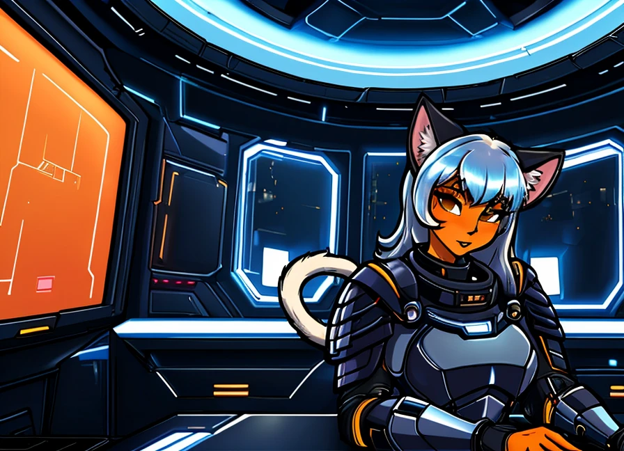 <lora:Adj-24:0.8>, orange skin, (((cat ears))), two tails, masterpiece, high quality, cat girl with long messy blue hair wearing sleek cutting edge ((armor)), science fiction, style of Adjatha, looking at viewer, portrait, , <lora:add_detail:.4>, futuristic background, spacecraft, (furry : 0.7), dashboard, leds, monitors, close_up, from below, ultra detailed background, absurd amount of details, intrigued expression, <lora:StealthTech-20:0.255> stealthtech , <lora:sci-fi-v1.2-000006:0.4> , <lora:FZB_line_weights:0.8>