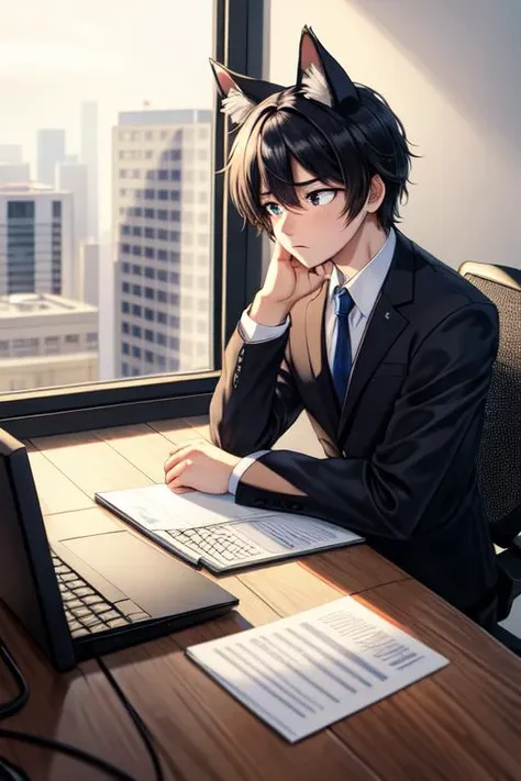 masterpiece, best quality, (furry ,dog), business suit,  bored, office, sitting, computer, windows, working, <lora:add_detail:.3>, sad,  male, soul crushed, corporate, dog ears,