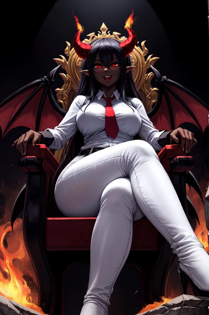 masterpiece, best quality, demon girl, pitch black skin, hell, flames, tight jeans, white shirt, necktie, :p , dominant, <lora:exposure_control_v10:-.35>, <lora:add_detail:.4>, crossed legs, from below , demon horns, demon tail, demon wings, science fiction hell , throne, perspective,