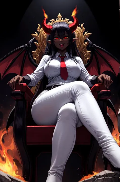 masterpiece, best quality, demon girl, pitch black skin, hell, flames, tight jeans, white shirt, necktie, :p , dominant, <lora:exposure_control_v10:-.35>, <lora:add_detail:.4>,  crossed legs, from below , demon horns, demon tail, demon wings, science fiction hell , throne, perspective,