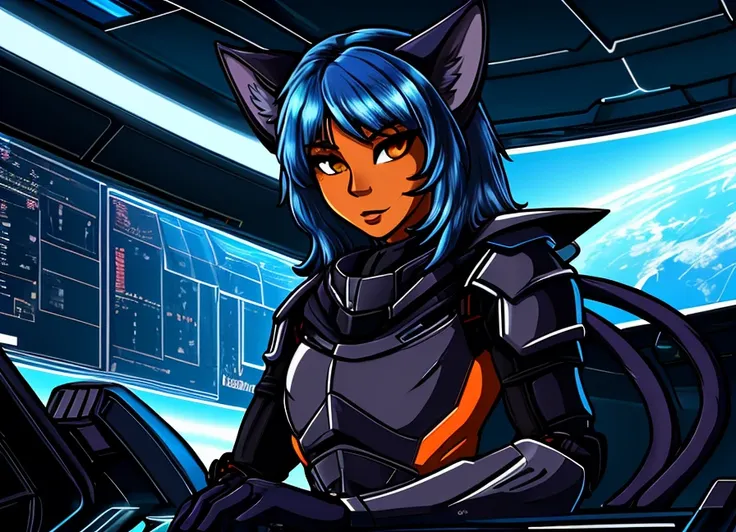 <lora:Adj-24:0.8>, orange skin, (cat ears), two tails, masterpiece, high quality, ((armor)), science fiction, style of Adjatha, looking at viewer, portrait, long messyblue hair, <lora:add_detail:.4>, futuristic background, spacecraft, (furry : 0.5), dashboard, leds, monitors, close_up, from below, ultra detailed background, absurd amount of details, intrigued expression,  <lora:StealthTech-20:0.45> stealthtech , cutting edge <lora:sci-fi-v1.2-000006:0.2>  , <lora:FZB_line_weights:0.8>