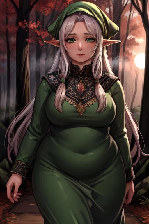 masterpiece, best quality, stunning mature elf, green eyes, <lora:symix-5-1-alpha01:0.7>, plump, green long dress, steam, forest, leaves, mist, mysterious, <lora:add_detail:.4> , pale skin, long hair, <lora:exposure_control_v10:-.2>, (upper body) , high_aesthetic, depth of field, dusk, glowing, jewelry, brook, walking, close-up, white long sleeves, arms at sides,